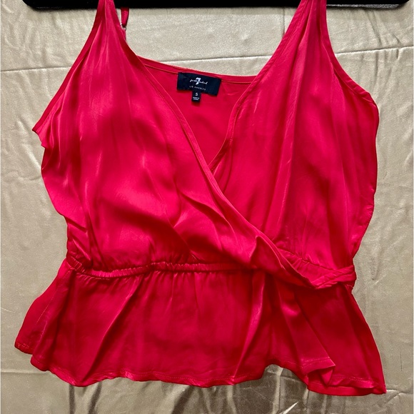 7 for all mankind cross panel, silk, peplum waist, tank top-red - Picture 3 of 4